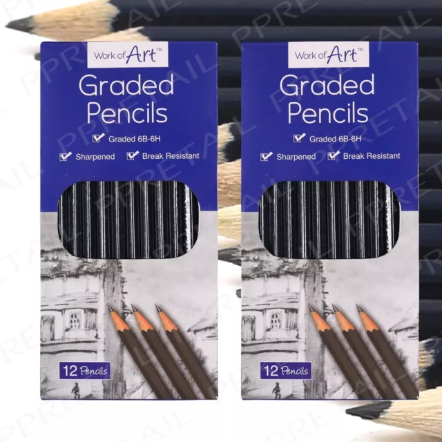 SET OF 24 Graded Art Sketching Pencils ~6H-6B~ Drawing Shading Artist Light Dark