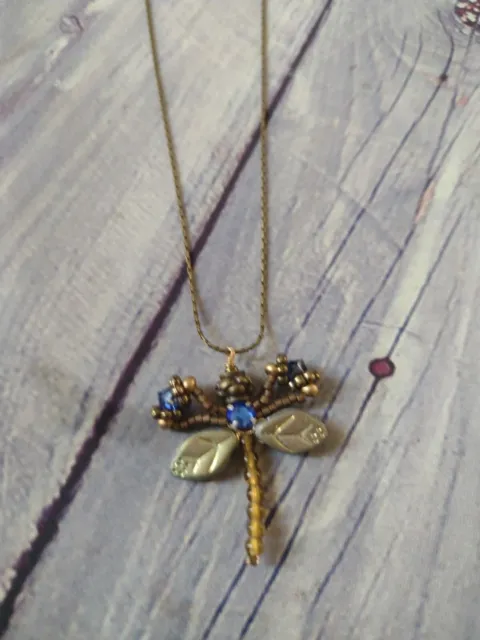 Olivine Dragonfly Fairy Pendant Necklace by Robin Goodfellow Red Blue Beaded 20"
