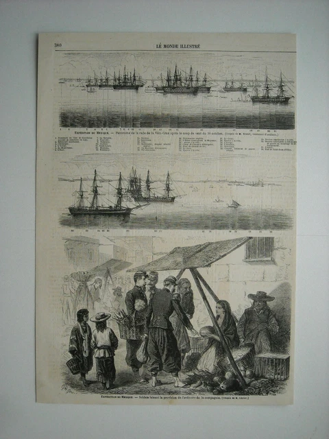 GRAVURE 1862. EXPEDITION Mexique. RADE DE LA VERA-CRUZ. SOLDATS FAISANT PROVISIO