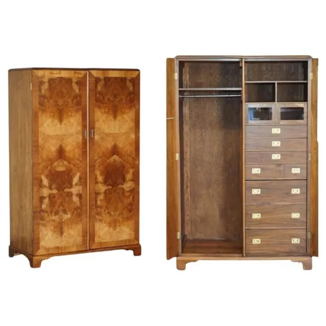 Antique Burr Walnut Wardrobe With Military Campaign Chest Of Drawers Built In