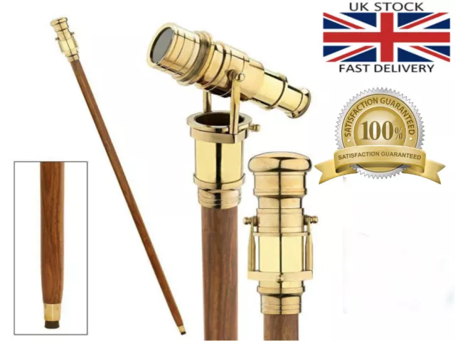 Wooden Walking Stick Brass Telescope Handle Foldable Cane Dismantle In To Three