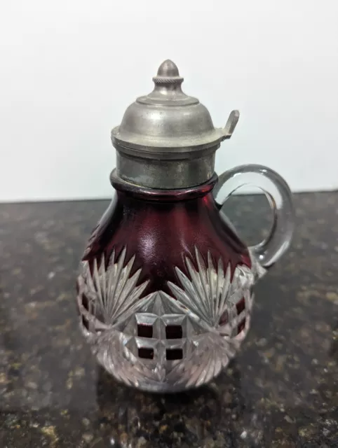 Antique EAPG Syrup Pitcher in the Majestic Pattern Ruby Red Block, Pewter Top