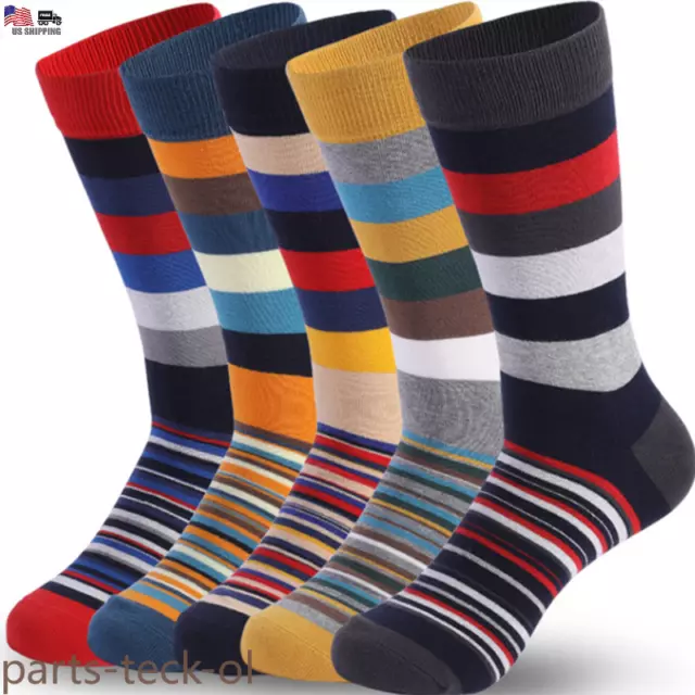 Men Classic Colorful Sport Striped 5Pairs Cotton Mid Calf Causal Crew Socks 7-11