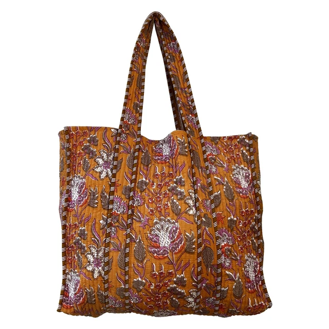 Indian Hand Block Printed Cotton Tote Bag Quilted Shoulder Shopping Bags Throw