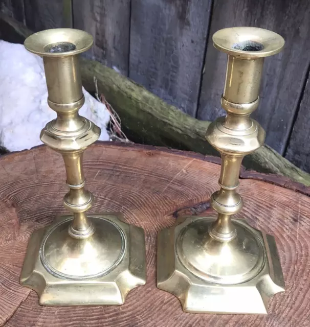 Antique pair of BRASS CANDLESTICKS cut corner base 19th century Georgian style