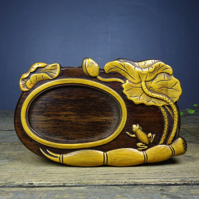 Chinese Antique Rosewood Carved Inlaid Bamboo Lotus Frog Statue ink Stone Art