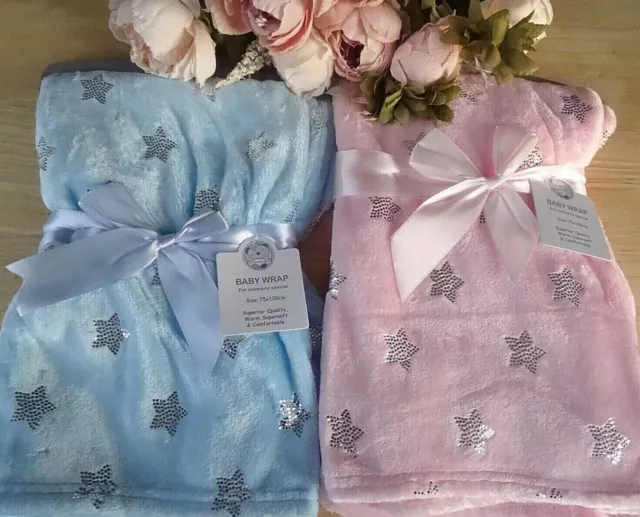 Baby Wrap Blanket Pram Boy Girl Soft Blue Pink Silver Star Foil Print 100 x 75cm