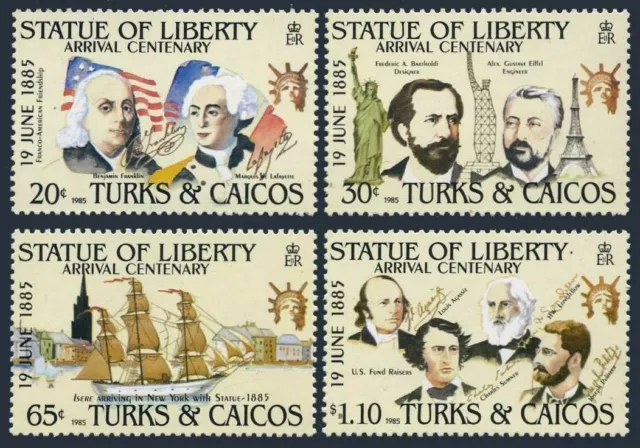 Turks & Caicos 661-664,665,MNH.Mi 728-731,Bl.56.Statue of Liberty,100,1985.Ships