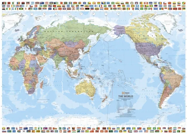 (Laminated) World Map Pacific Centred With Flags Poster (70X100Cm) Australia