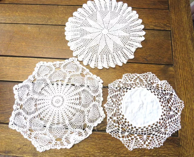 Lot of 3 Vintage Hand Crocheted Doilies White Round 10" 10.5" 12" #35