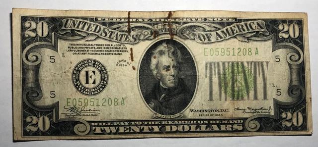 1934 $20 Federal Reserve Note FRB E Richmond FR2054E. F-VF, paperclip rust. #48