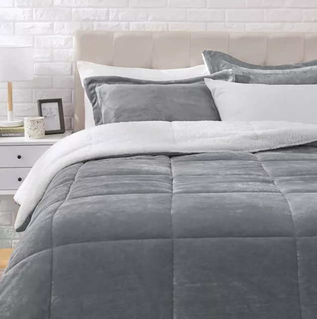 Amazon Basics Micromink Sherpa Comforter Set  Reversible Bed Comforter Grey-KING