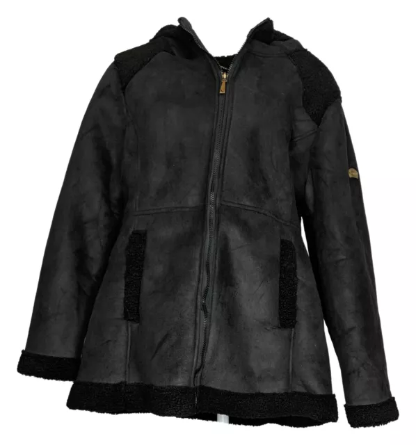 Koolaburra by UGG Women's Sz L Faux Suede Hooded Coat w/ Sherpa Black A545146