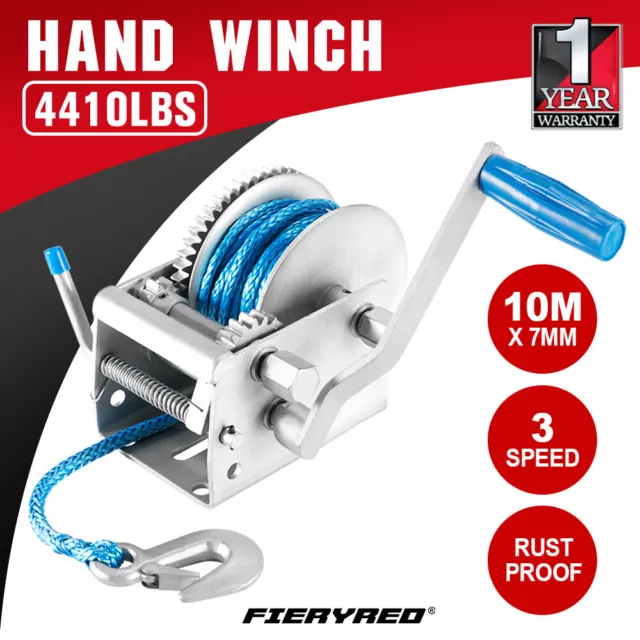 FIERYRED Hand Winch 2000Kg/4410Lbs 3 Speed Dyneema Rope Manual Car Boat Trailer