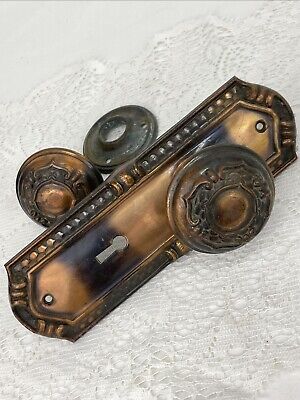 Antique Vtg Door Knob Set Back Plate Jappaned Japanned Victorian Art Deco Copper