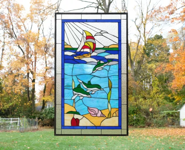 20.5" X 34.75 Dolphin Boat Seashore Beach Handcrafted Stained Glass Window Panel
