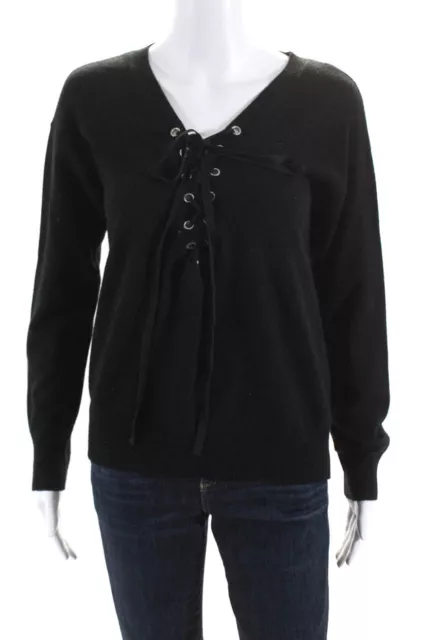 The Kooples Women's Wool Long Sleeve Lace Up Pullover Sweater Black Size 2