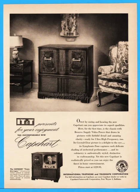 1952 IT&T Capehart Farnsworth Ticonderoga 50s Vintage Television Console TV Ad