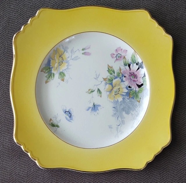 Royal Winton Grimwades 8-3/4" Square Yellow Floral Flower salad plate England