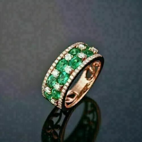 Oval Cut Emerald & Lab Created Diamond Wedding 14Ct Rose Gold Finish Gift Band