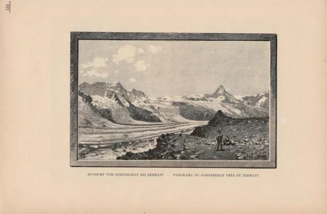 Aussicht vom Gornergrat bei Zermatt DRUCK von 1895 Schweiz