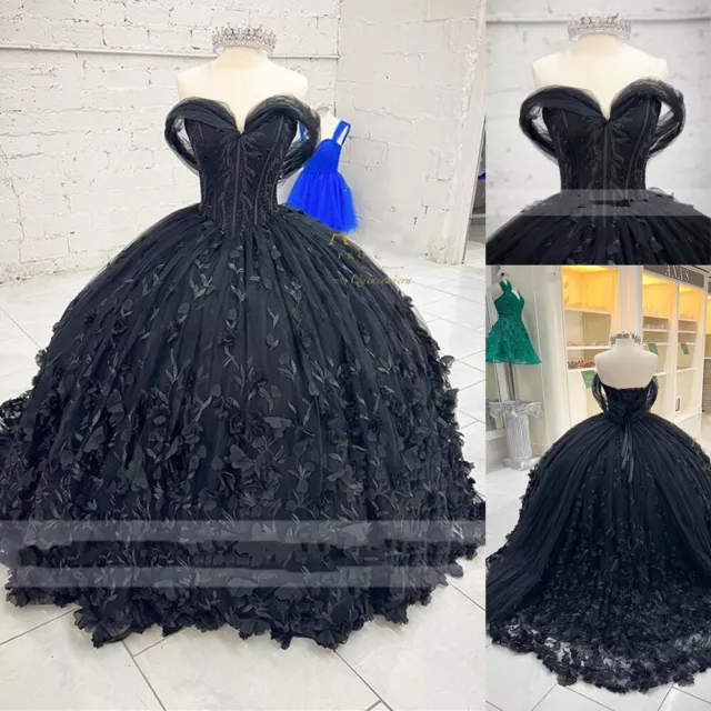 Red With Black Quinceanera Dresses Sweet 16 Organza Ruffles Appliques Ball  Gown