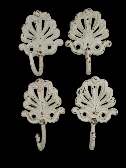 Cast iron white painted vintage coat hooks WEAR distressed rust rustic lot 4