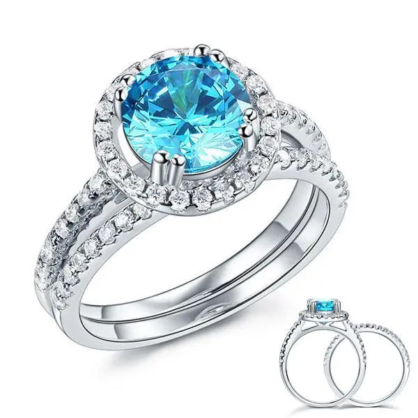 925 Sterling Silver Wedding Engagement Halo Ring Set 2 ct Blue Created Diamond