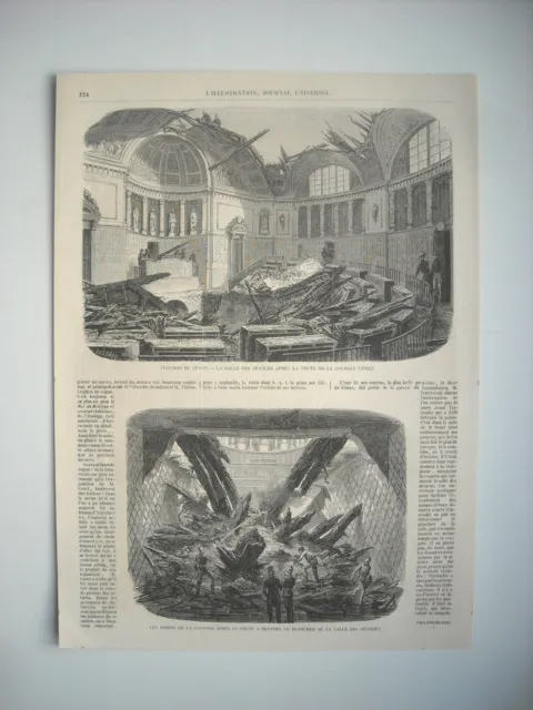 Gravure 1859. A Paris, Incendie Du Senat. Salle Des Seances Apres Chute Coupole.