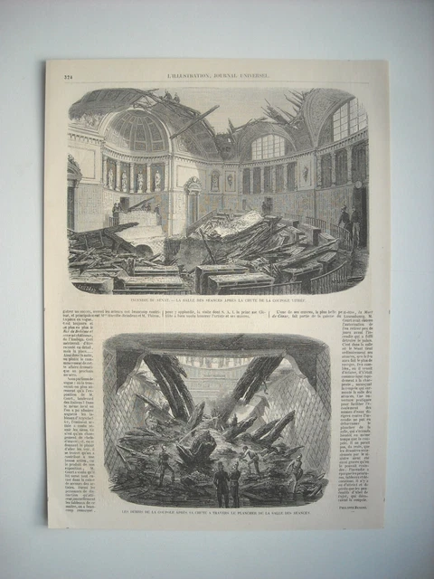 Gravure 1859. A Paris, Incendie Du Senat. Salle Des Seances Apres Chute Coupole.