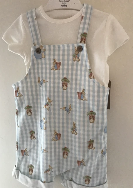9-12 Months ~ Peter Rabbit  Cotton Dungarees Shorts ,Cream Bodysuit & Socks Set