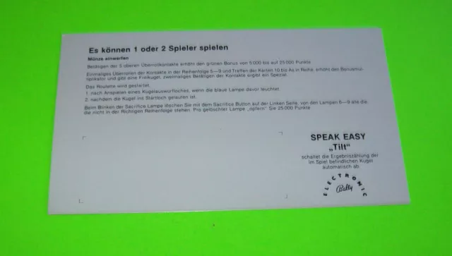 Speakeasy 1982 German Text Nos Orig. Pinball Machine Instruction Card