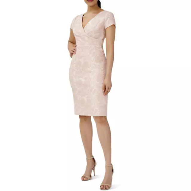 Adrianna Papell Women's Embroidered Faux Wrap Short Sleeve Sheath Dress