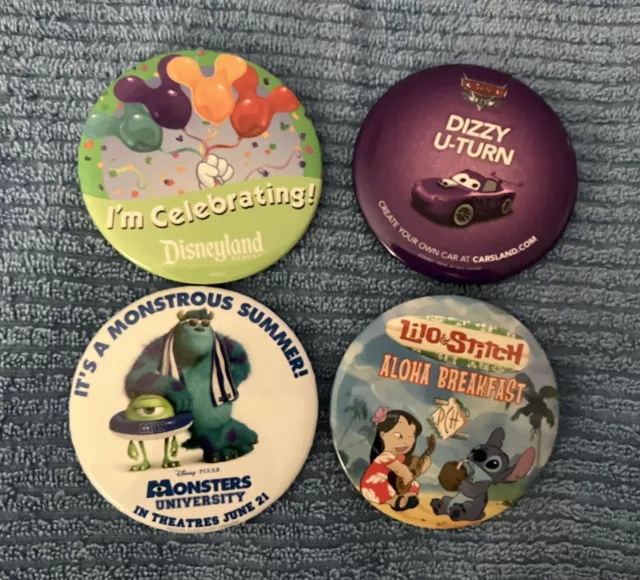 4 Disneyland, Lilo And Stitch, Monsters Inc. Dizzy U-Turn, Pin Backed Buttons.