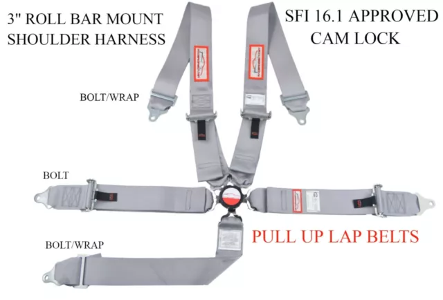 Sfi 16.1 Racing Harness 5 Point Roll Bar Mount 3" Cam Lock Gray Pull Up Laps