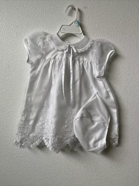 Vintage  Baptism gown dress With Bonnet 2 Piece Set White