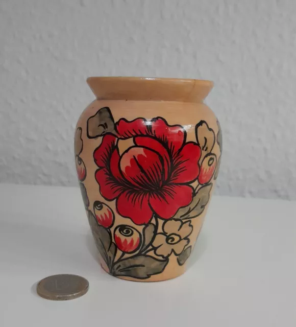 Kunst Vase Holz Rote Blumen Hand Bemalt