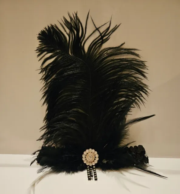 1920s Headband Rhinestone Black Feather Headpiece Flapper Headband Show Girl