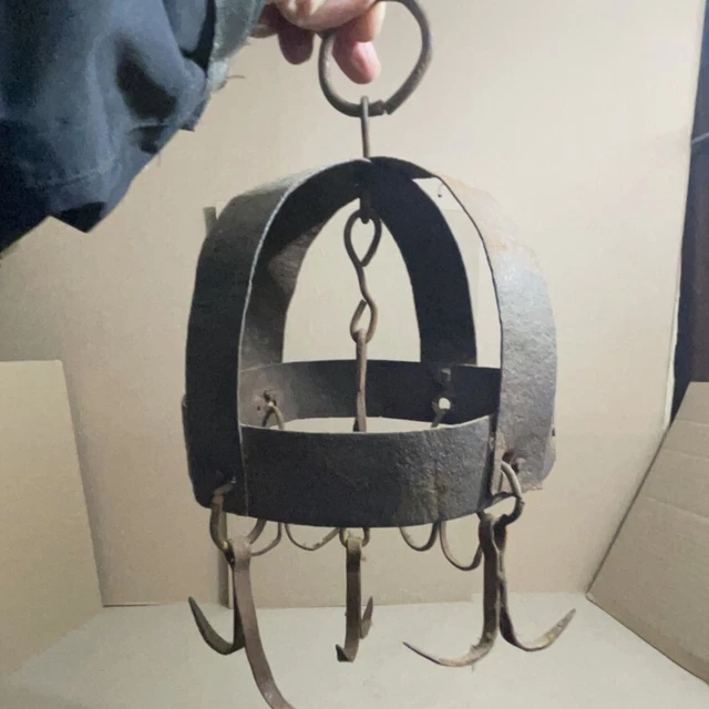Antique Wrought Iron Hanging 5 Double Hook Utensil Drying Rack Pot Holders
