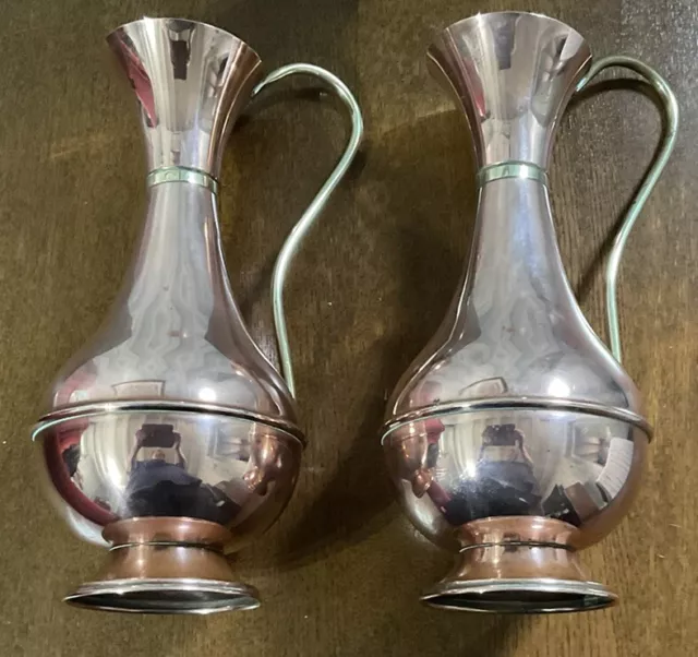 Pair Of Tall Copper Vases With Brass Handle And Trim