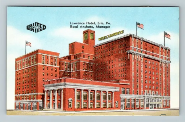 Erie PA- Pennsylvania, Lawrence Hotel, Lake Erie, Outside View, Vintage Postcard