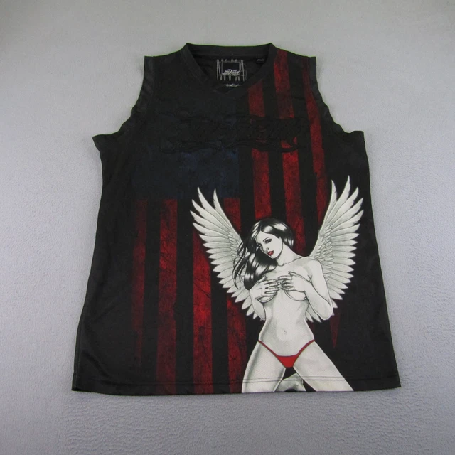 No Fear Shirt Mens Large Black Sleeveless Tank Top Jersey Angel Wings USA Flag