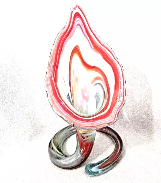 Sunset HAND BLOWN Art Glass Tulip Trumpet Vase Red Swirl Coiled Base Sooner Tall