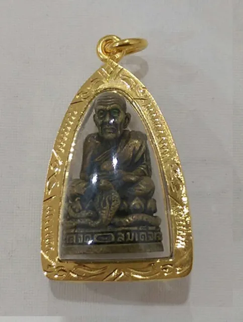 Phra LP Tuad Wat Phako Temple Gold Micron Case Pendant Mantra Thai Buddha Amulet