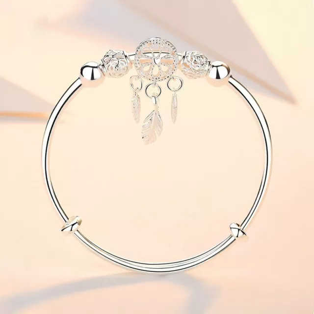 925 Silver Lucky Beads Dreamcatcher Tassel Charm Bracelet Cuff Bangle Women