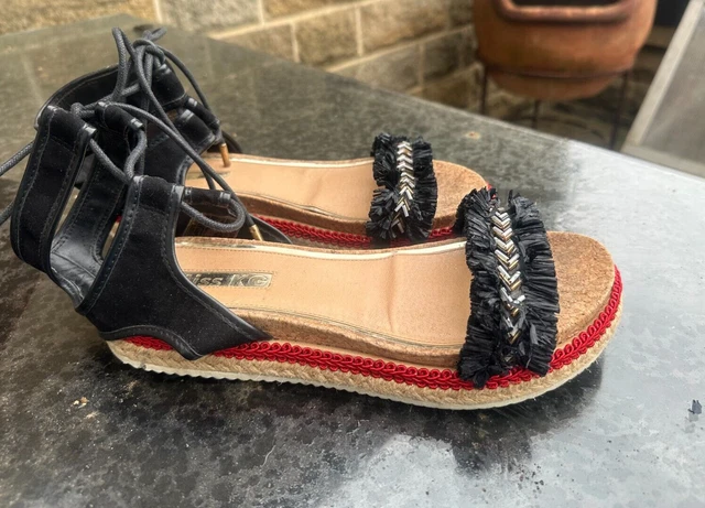 MISS KG KURT GEIGER Black Rafia Cork Wedge Sandals Ankle Straps Sz