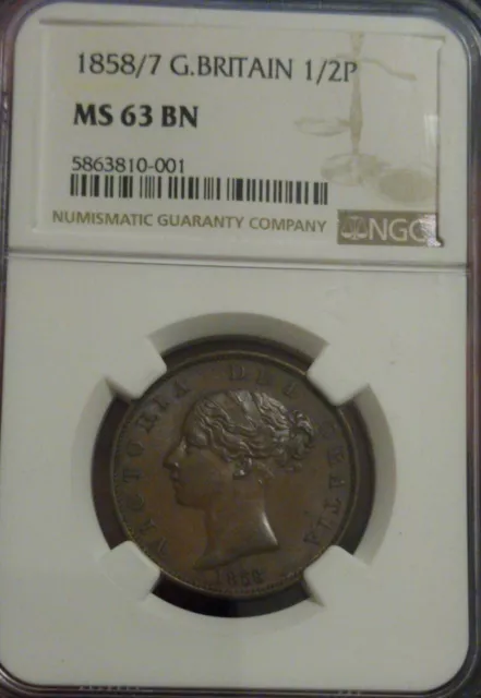1858/7 Great Britain 1/2 Penny NGC MS 63 BN