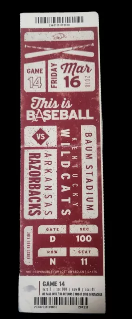 Arkansas Razorbacks Kentucky Wildcats Baseball Ticket Baum Stadium 2018