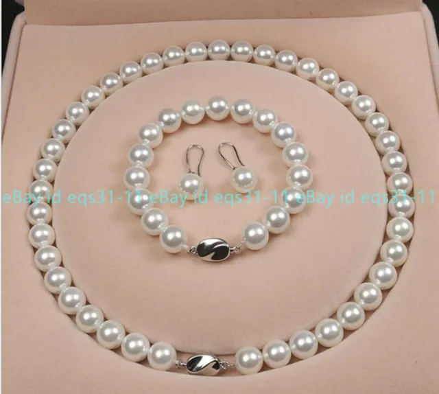 New Genuine 10mm White South Sea Shell Pearl Necklace Bracelet Earrings Set 18"