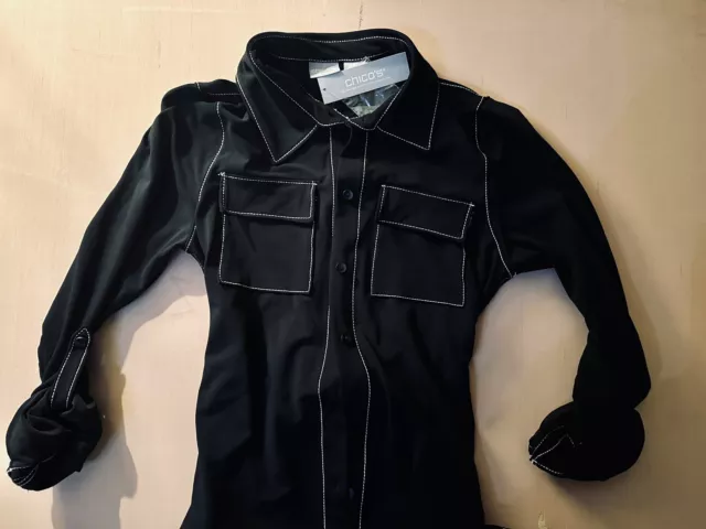 Chico's Women's Travelers Shirt Dress in Black Button Sleeve Size: 0 NWT